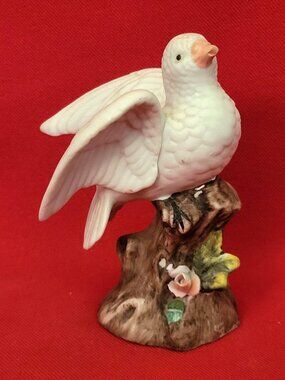 Vintage Bisque Porcelain White Dove Perched Textured Tree Stump Rock Base